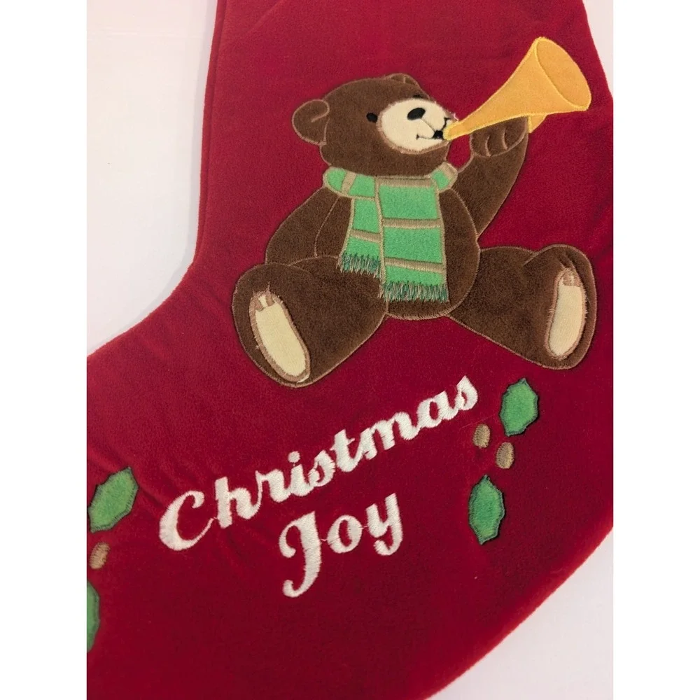 Dakin Christmas Joy Stocking Plush Embroidered Teddy Bear Bell Horn Holly 16.5